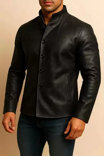 Men black lambskin leather jacket smart casual button coat