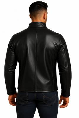 Men black lambskin leather jacket smart casual button coat 3