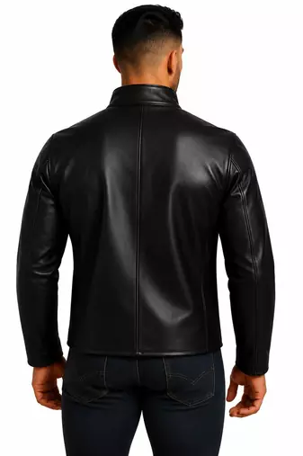 Men black lambskin leather jacket smart casual button coat