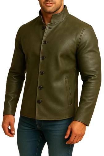 Men's olive green leather jacket button designer style coat