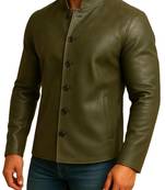 Men's olive green leather jacket button designer style coat