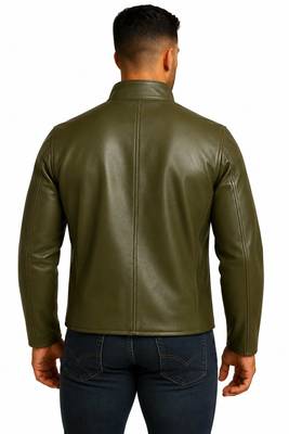 Men's olive green leather jacket button designer style coat 2