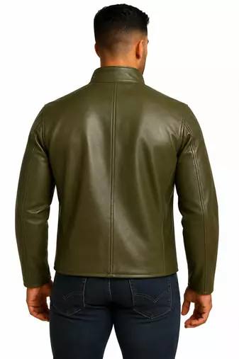 Men's olive green leather jacket button designer style coat