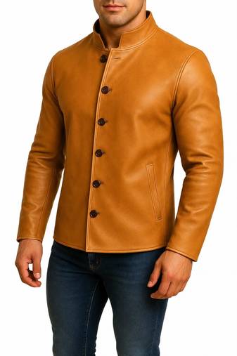 Men's tan lambskin leather jacket iconic look buttoned coat