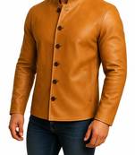 Men's tan lambskin leather jacket iconic look buttoned coat