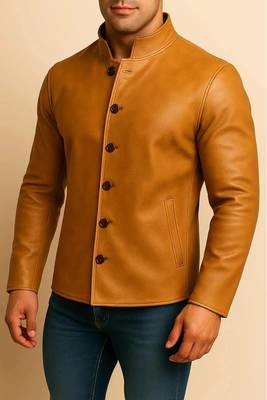 Men's tan lambskin leather jacket iconic look buttoned coat 2
