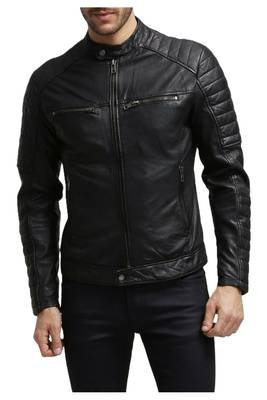 Men's black quilted leather racer jacket urban fashion 1