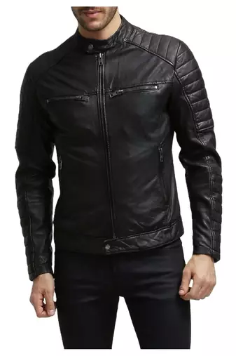 Men's black quilted leather racer jacket urban fashion