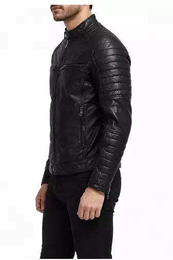 Men's black quilted leather racer jacket urban fashion