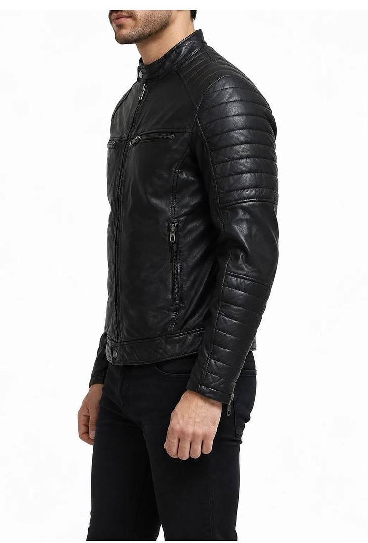 Men's black quilted leather racer jacket urban fashion