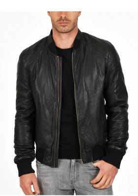 Men's black lambskin leather bomber jacket daily wear 1