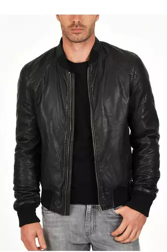 Men's black lambskin leather bomber jacket daily wear