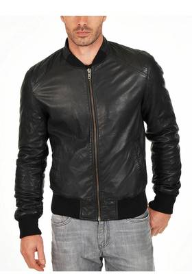 Men's black lambskin leather bomber jacket daily wear 2