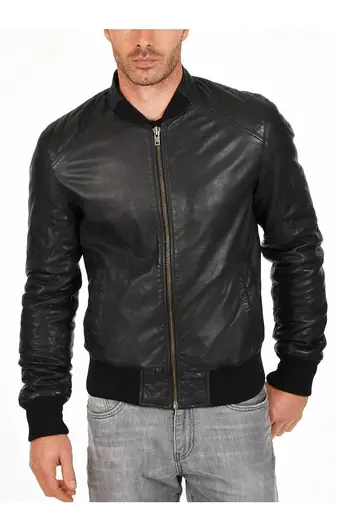 Men's black lambskin leather bomber jacket daily wear