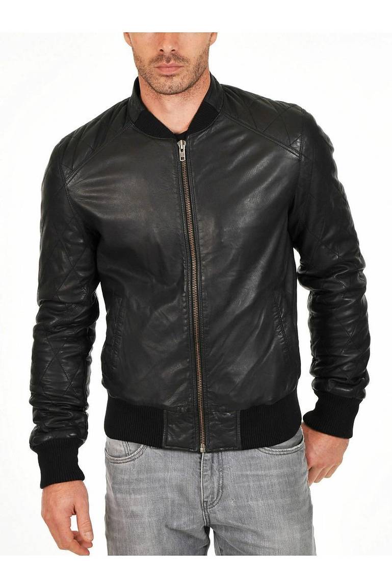 Men's black lambskin leather bomber jacket daily wear