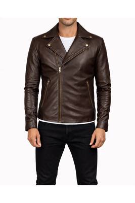 Men's brown leather racer jacket signature look biker style 1