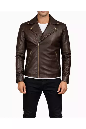 Men's brown leather racer jacket signature look biker style