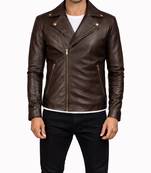 Men's brown leather racer jacket signature look biker style
