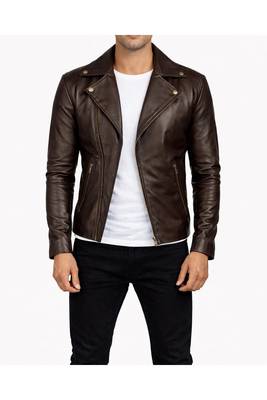 Men's brown leather racer jacket signature look biker style 2