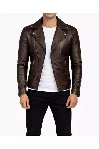 Men's brown leather racer jacket signature look biker style