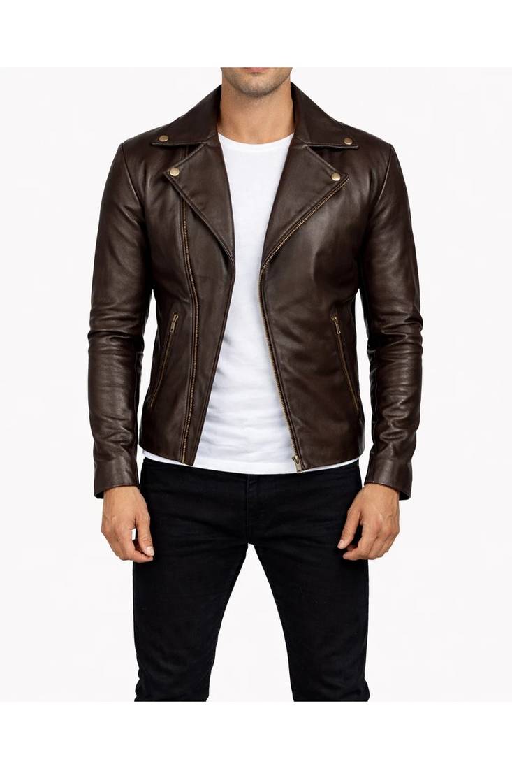 Men's brown leather racer jacket signature look biker style