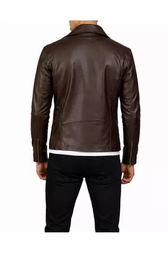 Men's brown leather racer jacket signature look biker style