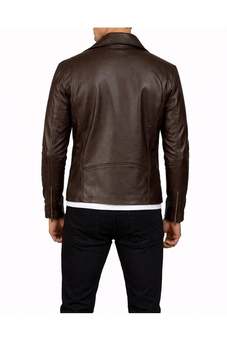 Men's brown leather racer jacket signature look biker style