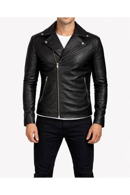Men's black leather biker jacket real lambskin classic design 1