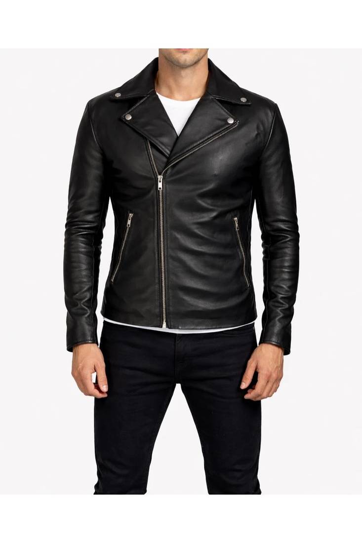 Men's black leather biker jacket real lambskin classic design
