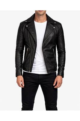 Men's black leather biker jacket real lambskin classic design 2