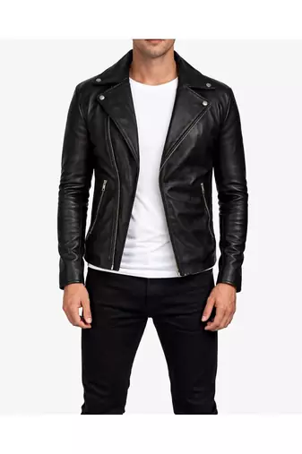 Men's black leather biker jacket real lambskin classic design