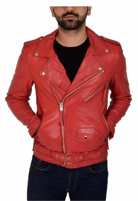 Men's red leather biker jacket premium finish belted jacket 1