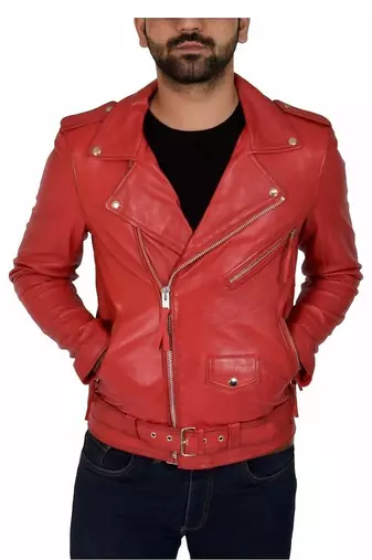 Men's red leather biker jacket premium finish belted jacket