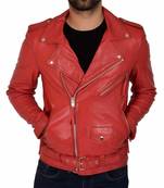 Men's red leather biker jacket premium finish belted jacket