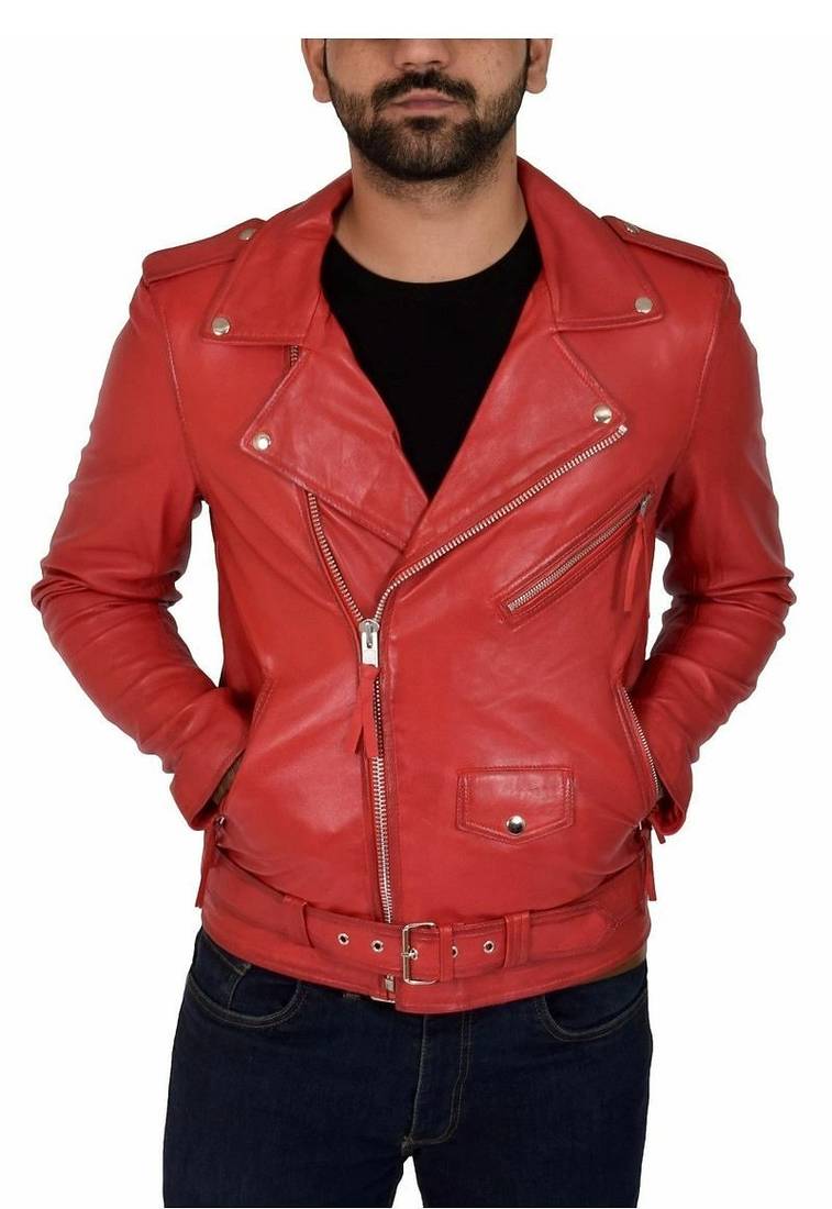 Men's red leather biker jacket premium finish belted jacket