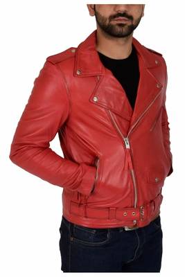 Men's red leather biker jacket premium finish belted jacket 2