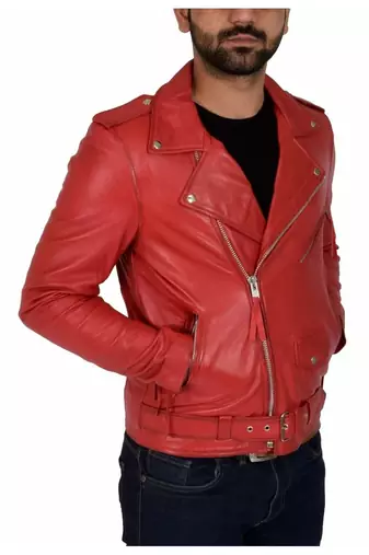 Men's red leather biker jacket premium finish belted jacket