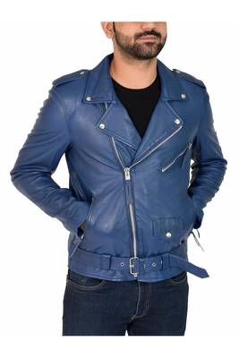 Men's blue lambski leather biker jacket everyday wear coat 1