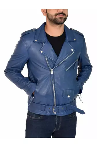 Men's blue lambski leather biker jacket everyday wear coat