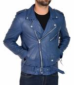 Men's blue lambski leather biker jacket everyday wear coat