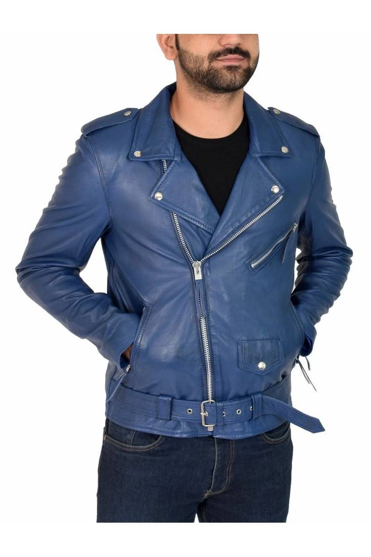 Men's blue lambski leather biker jacket everyday wear coat