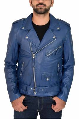 Men's blue lambski leather biker jacket everyday wear coat 2