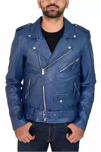 Men's blue lambski leather biker jacket everyday wear coat