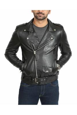 Men's biker black leather jacket belted fashion outerwear 1