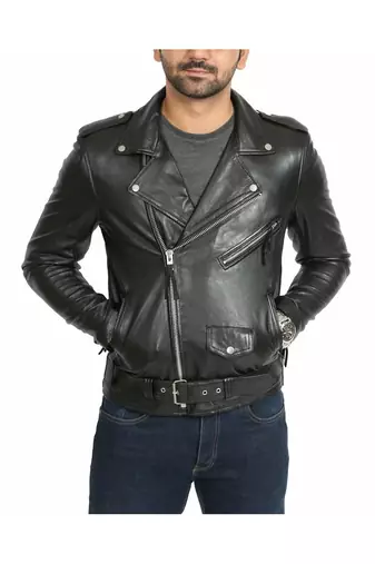 Men's biker black leather jacket belted fashion outerwear