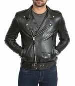 Men's biker black leather jacket belted fashion outerwear
