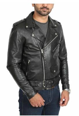 Men's biker black leather jacket belted fashion outerwear 2