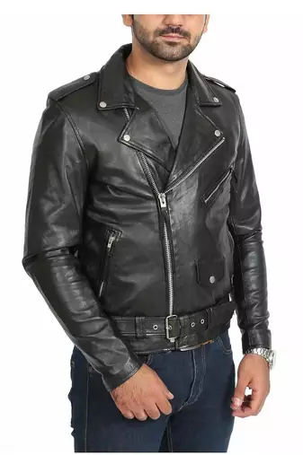 Men's biker black leather jacket belted fashion outerwear