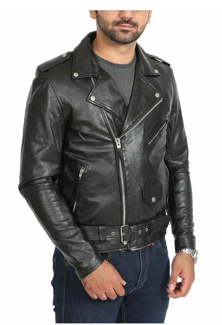 Men's biker black leather jacket belted fashion outerwear