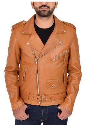Men's biker tan leather jacket real lambskin casual style 1